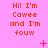 A pink background with orange text reading "Hi! I'm Cawee and I'm fouw" repeated in a , featuring small red plus signs and X symbols scattered across the image