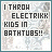A static image with pixelated text reading "I THROW ELECTRIKK KIDS IN BATHTUBS!!" and a blue lightning bolt symbol on the right side.