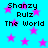 Cyan background with pink stars and repeated text "Shanzy Rulz The World" in black pixelated font.