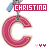 Pixelated icon with pink 'C' shape, red text banner reading CHRISTINA, blue and gray mechanical elements at top, three small pink hearts below.