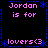 Pixelated text and symbols arranged in a on black background with blue dotted borders, featuring pink 'Jordan is for lovers<3' text