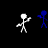 Animated sequence of stick figures in white and blue performing actions with colored objects against black background.