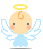 Pixelated angel icon with yellow halo, orange swirl hair, light blue dress, white wings, and pink cheeks in four distinct poses.