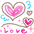 Pixelated heart-shaped icons with pink fill and brown outlines, blue question marks, small hearts, plus signs, and 'love' text on gray background.