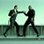 Two men in dark suits perform a sequence of handshakes and arm movements against a light blue background with a railing.