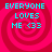Cyan text reading 'EVERYONE LOVES ME <33' on a red spiral background, repeated in four identical quadrants.