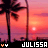 Pixelated sunset scene with palm trees and a sun over water, featuring 'JULISSA' text and two orange heart symbols on black background.