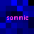 Pixelated blue background with four instances of pink text reading 'sommie' in a arrangement