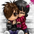 Two pixelated anime-style characters embrace, one with brown hair in a black jacket and the other with dark hair in a pink top against a gray background.
