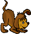 Animated sequence of a brown cartoon dog in various poses on gray background, showing head and body movement.