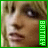 A pixelated close-up of a person's face with blonde hair, showing two variations where the vertical text banner color changes from green to white.