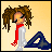 Animated contact sheet of a pixel art character with brown dreadlocks and red scarf, cycling through text phrases on yellow background across 12 frames.