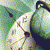 Pixelated image of a light-colored animal with dark eyes and nose, positioned between two green leafy shapes against a muted background.