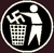 Circular icon with white border showing a stylized figure throwing trash into a grid-patterned bin against black background.