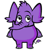 Purple cartoon elephant with large ears, trunk curled under mouth, standing on gray background.