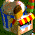 Pixelated image of a character with brown hair holding a yellow and red ice cream cone, standing in front of a blue 'R' on green background.