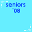 Pixelated blue background with repeated 'seniors '08' text and white star icons in a pattern
