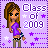 Pixel art contact sheet of a 6-frame animated AIM buddy icon featuring a cartoon girl with brown hair in a high ponytail wearing a purple crop top and gray pants, set against a light purple background with stars and "Class of 2009" text.