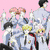 Pixelated anime-style group with pink background, drum kit on white, green text over grayscale image, strawberry with stripes, peace symbol with splatter.