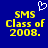 Blue background with yellow text reading "SMS Class of 2008." and a white pixelated heart symbol above the left text block.