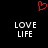 Red pixelated heart symbol above two identical white text blocks reading LOVE and LIFE on black background.