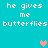 Pixelated cyan background with repeated white text 'he gives me butterflies' and three heart icons in pink, gray, and light blue.