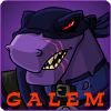 Pixel art icon of a purple anthropomorphic character with red eyes, wearing a black mask and blue clothing, against a solid purple background with orange text "GALEM" at the bottom.