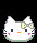 Pixelated white cat face with light green bow, pink cheeks, and orange nose on black background with pink flower shapes.