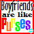 Pixelated text reads "Boyfriends are like Pugs" in multicolored block letters on a white background with red border.
