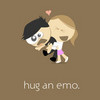 Pixelated cartoon of two figures embracing, one with black hair and glasses, the other with blonde hair, against a brown background with a small pink heart above them and text below.