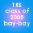 Four identical pixelated text icons on blue backgrounds with pink gradients, each displaying 'TRS class of 2008 bay-bay' in white block letters.