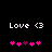 Pixelated text 'Love <3' above five pink and purple heart icons on a black background, with two variations of the hearts.