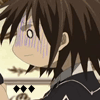 Anime-style character with brown spiky hair and purple tear streaks on cheeks, wearing dark clothing with white trim, shown in four with text changes