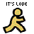 Pixelated yellow stick figure running with black outline, text "IT'S LOVE" above and below in pixel font; some frames show partial text or cropped figures.
