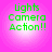 Four identical circular icons with pink backgrounds display green pixelated text reading 'Lights Camera Action!!' in three lines.
