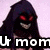 Pixelated character with dark hooded cloak, red glowing eyes, and wide grin over light purple background.