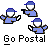Animated sequence of blue-uniformed figures with white faces and caps, each holding a red object while lying on gray background beneath 'Go Postal' text.