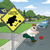 Yellow diamond-shaped road sign with black bear silhouette, man in white shirt and green pants running on sidewalk, red ball on street, blue car in background.