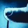 Animated sequence of a stylized white creature with a curved body and circular eye against a blue background, showing subtle motion changes across frames.