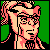 Pixelated static icon of a character with light skin, pink hair tied in a high ponytail, and glasses against a green background.