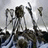Pixelated grayscale image of a figure with multiple arms holding objects, accompanied by text fragments on a black background.