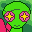 Pixel art contact sheet showing two frames of a green alien character with pink flower eyes, first in close-up against green background then holding red hearts against blue starry background.