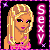 Pixel art contact sheet of six animated frames showing a blonde cartoon woman with pink top and vertical "SEXY" text on black background, each frame displaying different facial expressions.