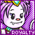 Pixelated character with purple hair and teal crown, smiling with visible teeth, wearing teal necklace, against purple striped background with 'ROYALTY' text.