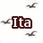 A dark brown rectangular frame with white text "Ita" centered, surrounded by four pixelated bird silhouettes in flight against a plain background.
