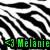 <3 Melanie in green pixelated text below black-and-white abstract brush strokes on white background.