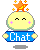 Pixelated yellow circular character with closed eyes, pink cheek marks, holding blue sign reading 'Chat', orange star on head with small stars around it.