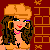 Pixel art icon of a cartoon woman with long brown hair wearing an orange hat and top, pink necklace, green eyes, red lips, purple eyeshadow, against a red background with orange grid patterns.