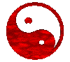 Red and white yin-yang symbols with textured red backgrounds, arranged in a of 24 distinct variations showing different orientations and dot placements