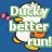 Pixelated duck character with orange beak and feet, carrying an orange backpack, against blue background with pink butterflies. Text reads "Ducky better run! to it is going attack!" in green pixel font.
